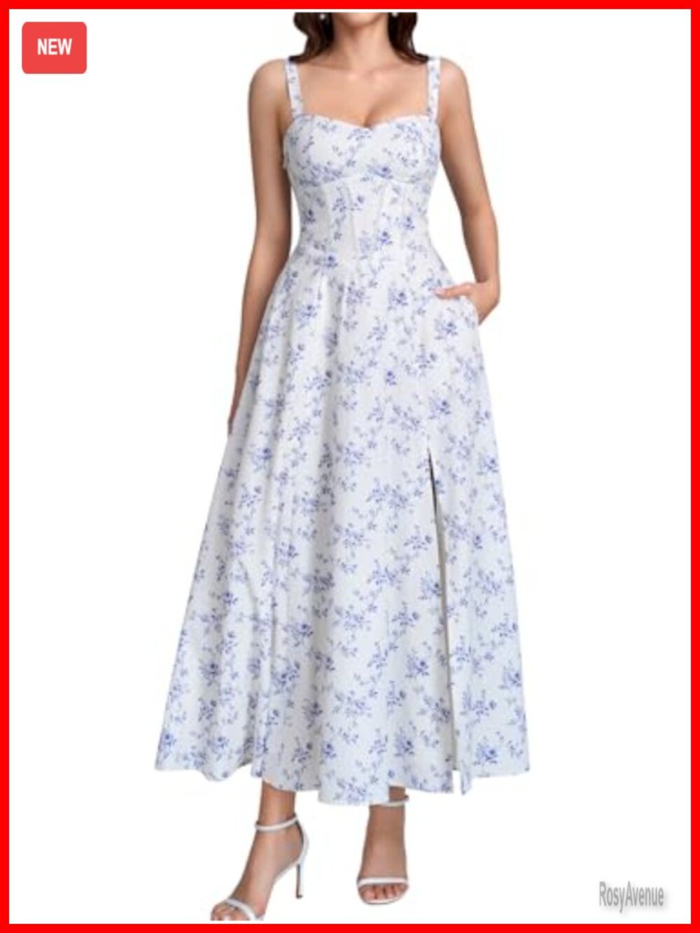 Floral Corset Midi Dress Lace Waist A Line Side Slit Tie Back Women's